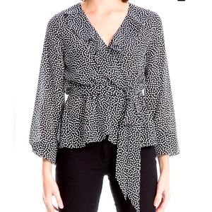 NWT Max Studio Women's Size Small Long Sleeve Wrap Ruffle Front Top Polka Dot